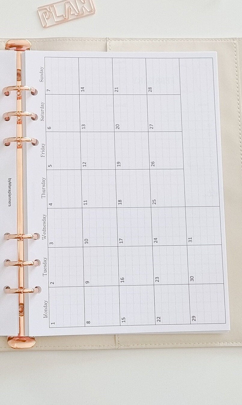 2025 Month on one page | A5 planner inserts